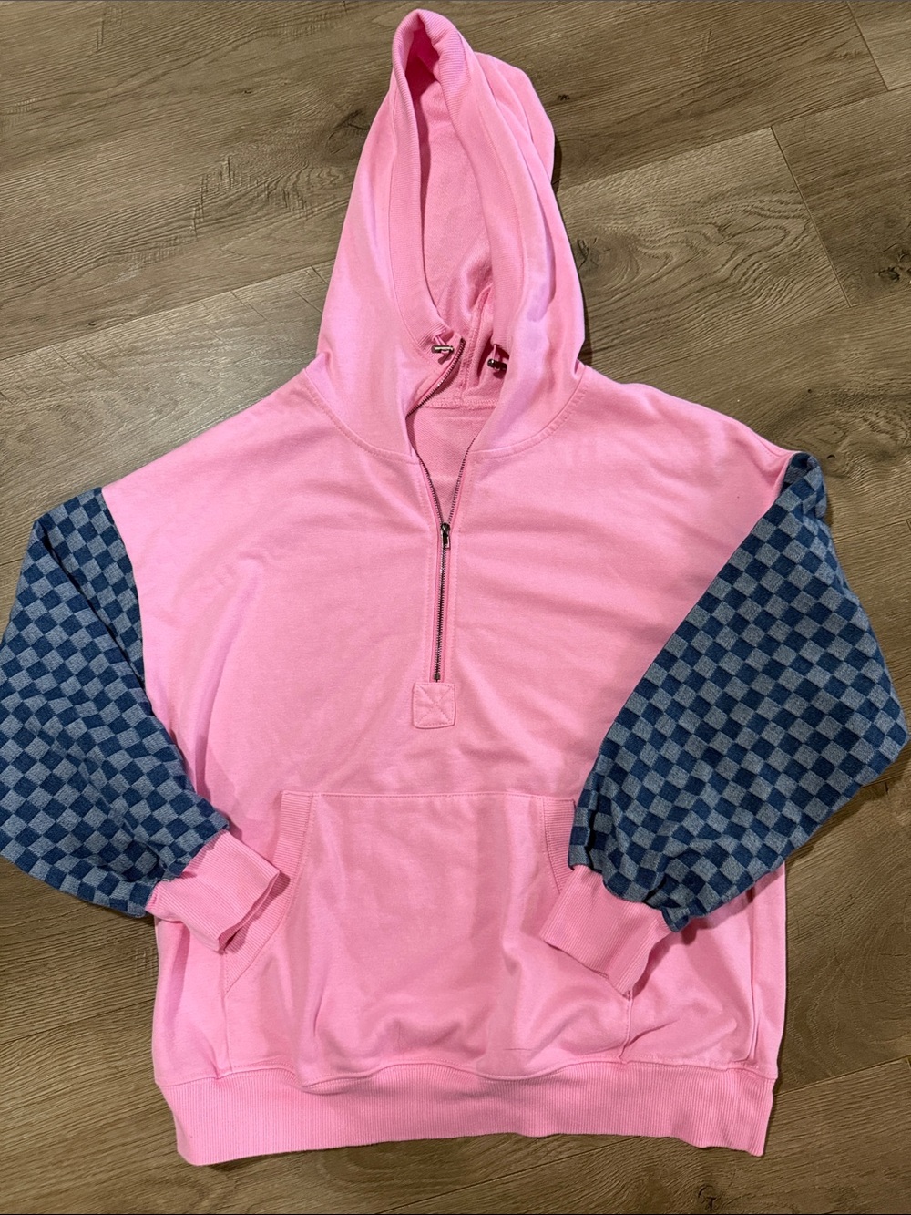 Women's Pink Hoodie with Checkered Blue Sleeves